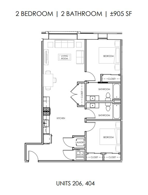 Floor plan for 2 beds, 2 baths, 898 sqft